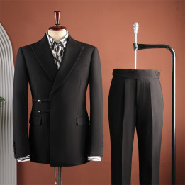 Men Black Peak Lapel Side Buckle 2 Piece Suit Set Gurkha Trousers | Anvare