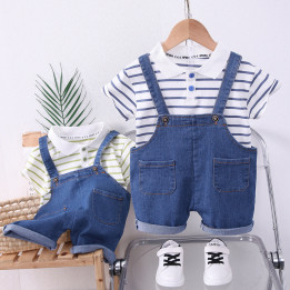 Boys Striped Lapel Denim Dungaree Set 2-Piece | Anvare