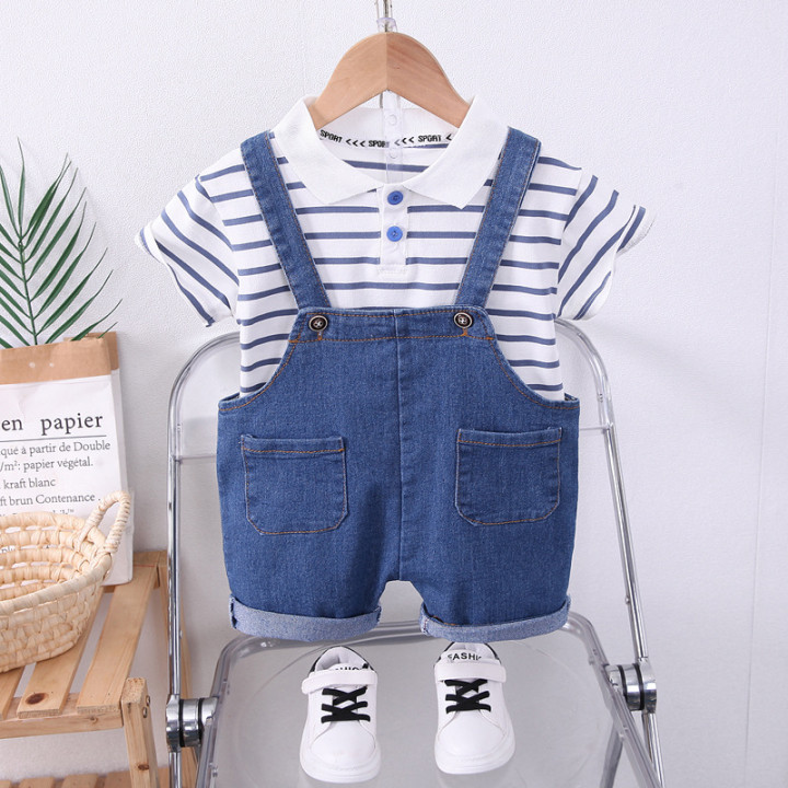 Boys Striped Lapel Denim Dungaree Set 2-Piece | Anvare