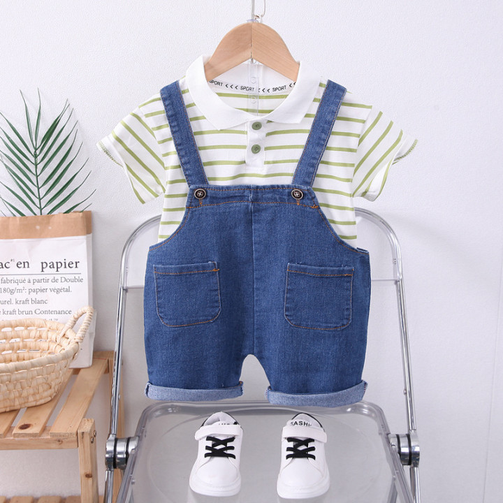 Boys Striped Lapel Denim Dungaree Set 2-Piece | Anvare