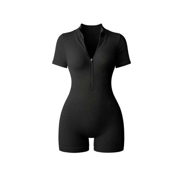 Women's Zip-up One-piece Tight Bodysuit With Ribbed Short Sleeves And Boy Shorts, For Sports, Inner Layering Or Outer Wear | Anv