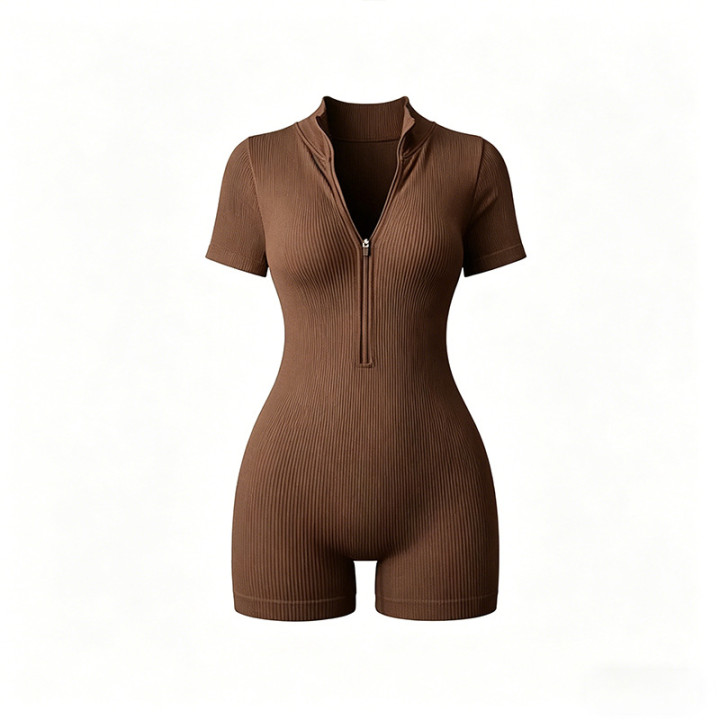 Women's Zip-up One-piece Tight Bodysuit With Ribbed Short Sleeves And Boy Shorts, For Sports, Inner Layering Or Outer Wear | Anv