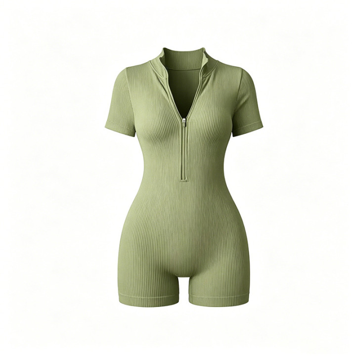 Women's Zip-up One-piece Tight Bodysuit With Ribbed Short Sleeves And Boy Shorts, For Sports, Inner Layering Or Outer Wear | Anv