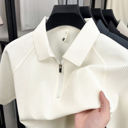 2026 High-Quality Short-Sleeved T-Shirt Men's Lapel Striped Half-Sleeve Zipper Youth Base Shirt Men's Short-Sleeved T-Shirt | An