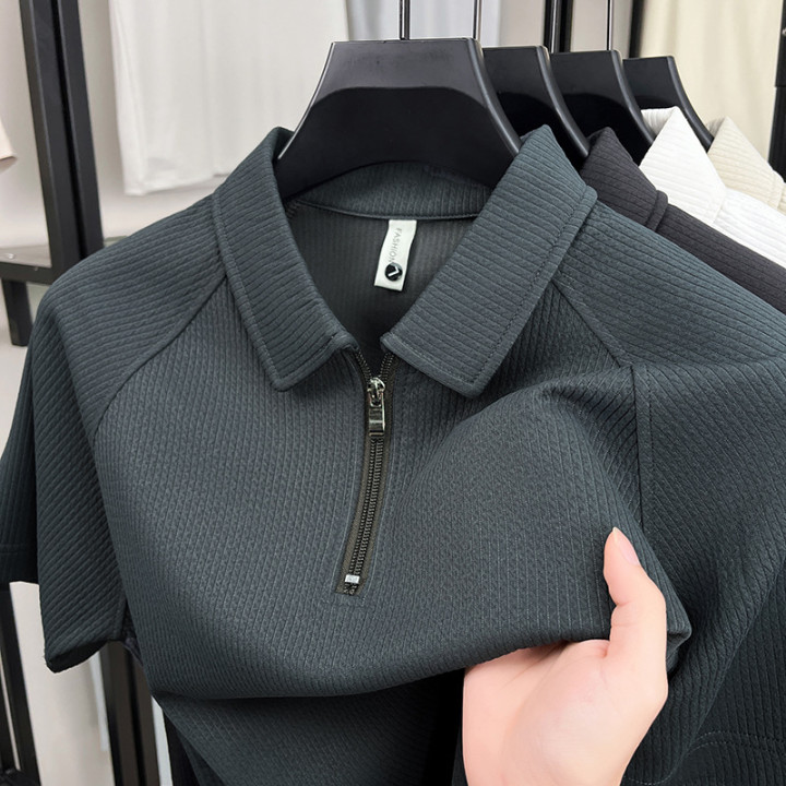 2026 High-Quality Short-Sleeved T-Shirt Men's Lapel Striped Half-Sleeve Zipper Youth Base Shirt Men's Short-Sleeved T-Shirt | An