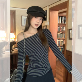 Niche Color-Block Striped Spicy Girl Waist-Cinching Long-Sleeve T-Shirt Womens Top | Anvare