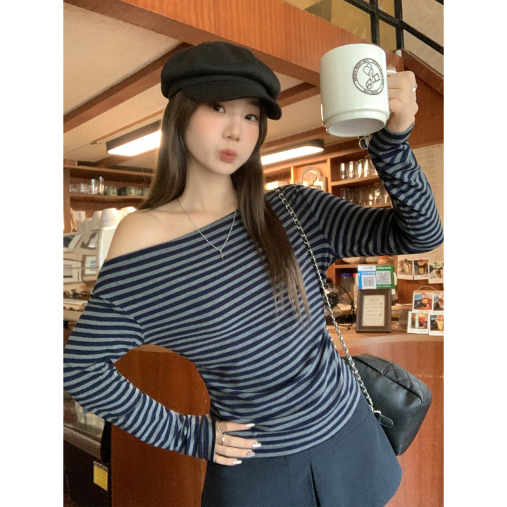 Niche Color-Block Striped Spicy Girl Waist-Cinching Long-Sleeve T-Shirt Womens Top | Anvare