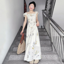 Sweet-girl Puff-sleeve Floral-print Square-neck Dress | Anvare