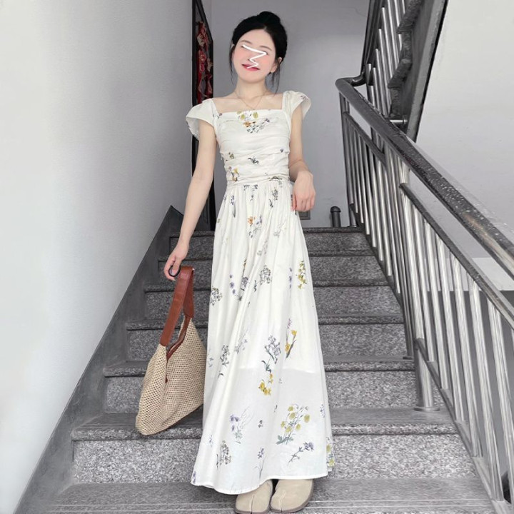 Sweet-girl Puff-sleeve Floral-print Square-neck Dress | Anvare