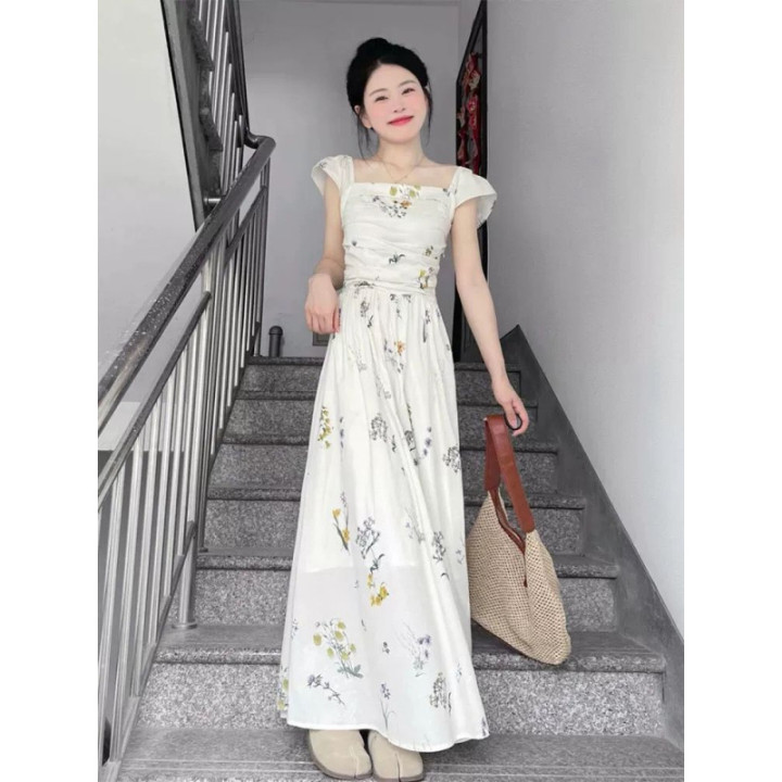 Sweet-girl Puff-sleeve Floral-print Square-neck Dress | Anvare