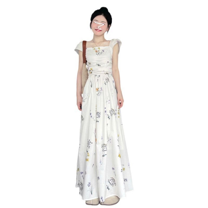 Sweet-girl Puff-sleeve Floral-print Square-neck Dress | Anvare