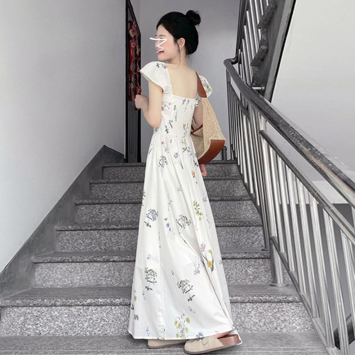 Sweet-girl Puff-sleeve Floral-print Square-neck Dress | Anvare