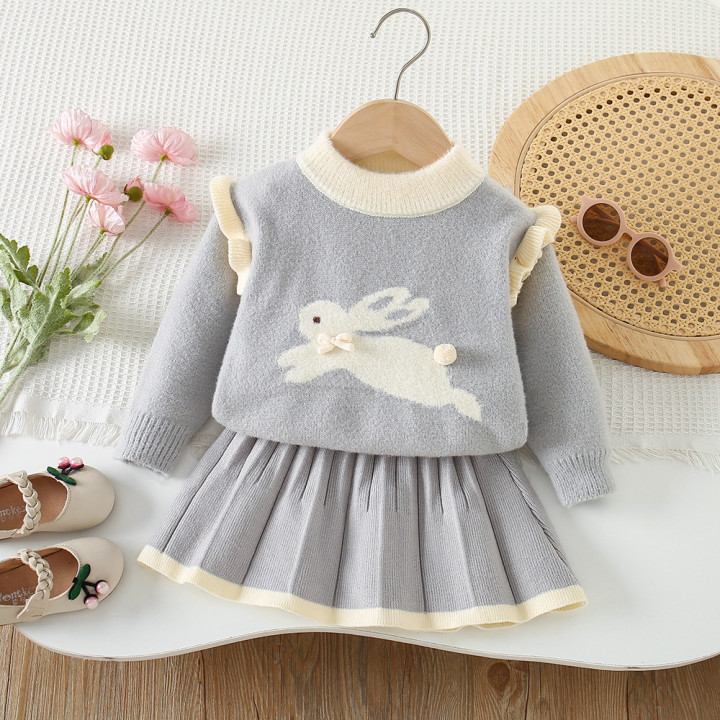 Girls Knitted Pullover Top And Skirt Two-Piece Set | Anvare