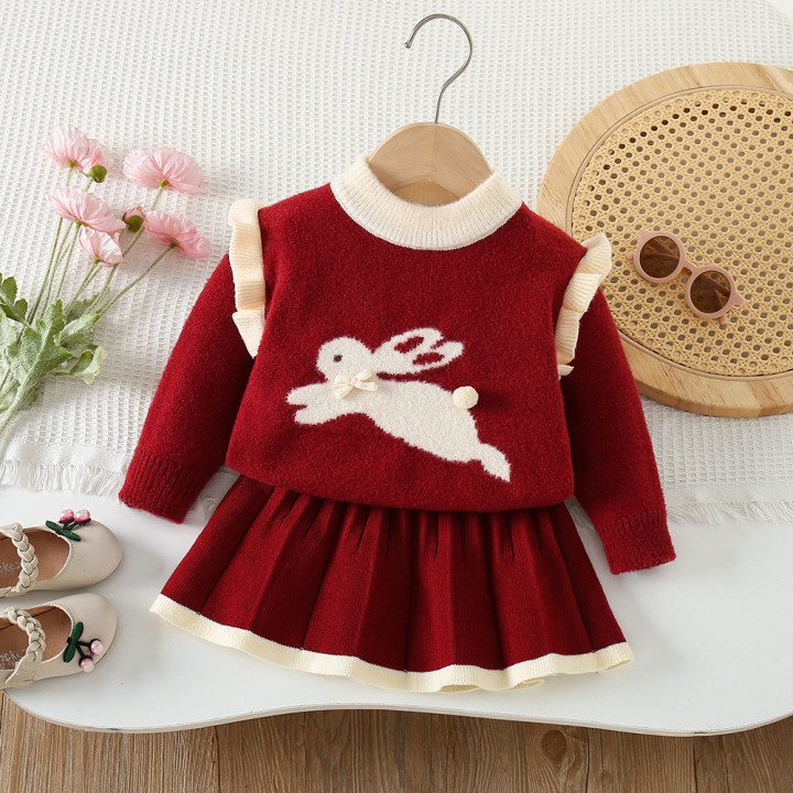 Girls Knitted Pullover Top And Skirt Two-Piece Set | Anvare