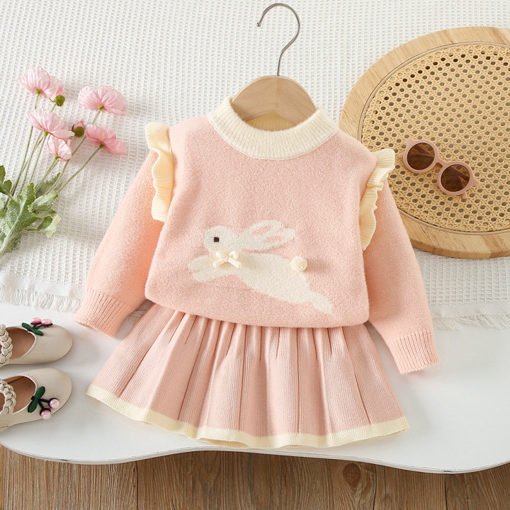 Girls Knitted Pullover Top And Skirt Two-Piece Set | Anvare