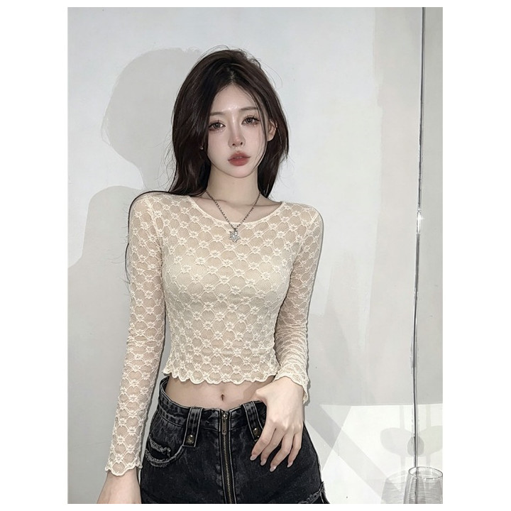 Hollow-out Lace Long-sleeve Spicy-girl Top | Anvare