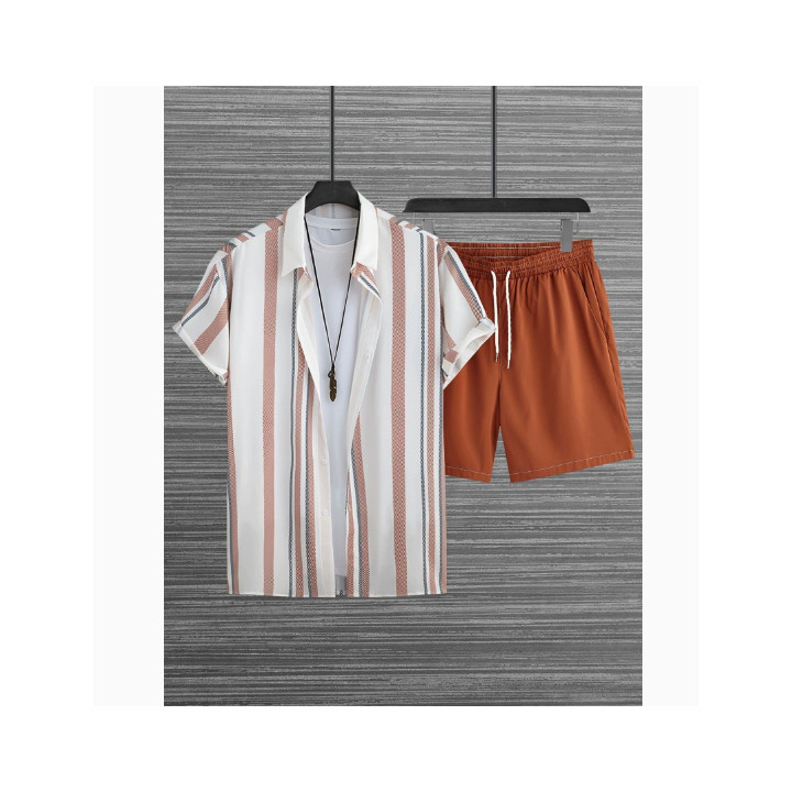 Black And White Striped Hawaiian Men's Shirt Set | Anvare