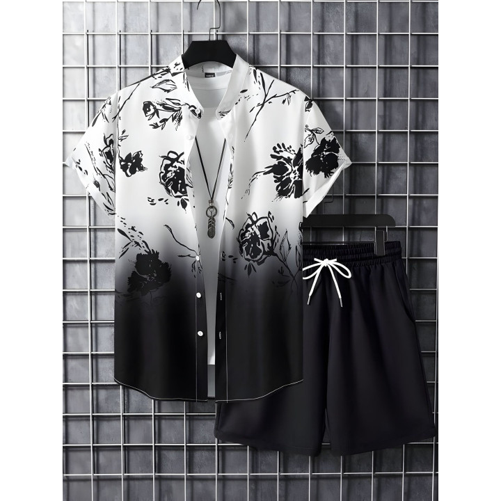 Black And White Striped Hawaiian Men's Shirt Set | Anvare