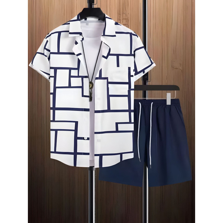Black And White Striped Hawaiian Men's Shirt Set | Anvare