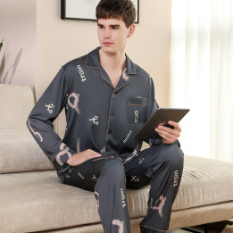 Men's Pajamas Silk Spring Long Sleeve New Print Cardigan Spring And Autumn Leisure Ice Silk Home Wear Suit | Anvare