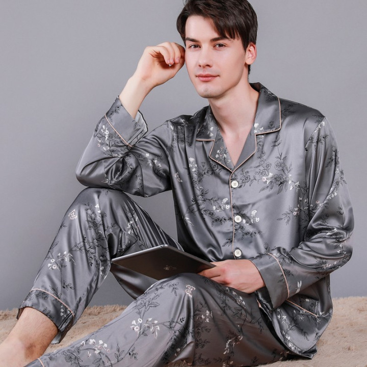 Men's Pajamas Silk Spring Long Sleeve New Print Cardigan Spring And Autumn Leisure Ice Silk Home Wear Suit | Anvare
