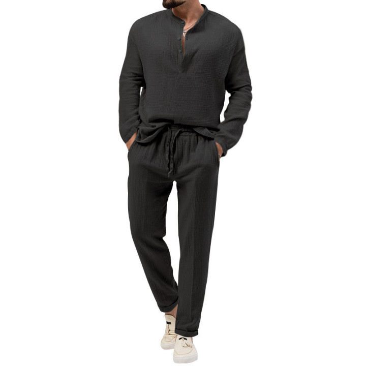 Solid Color Casual T-shirt Long Sleeve Shirt Trousers Suit | Anvare