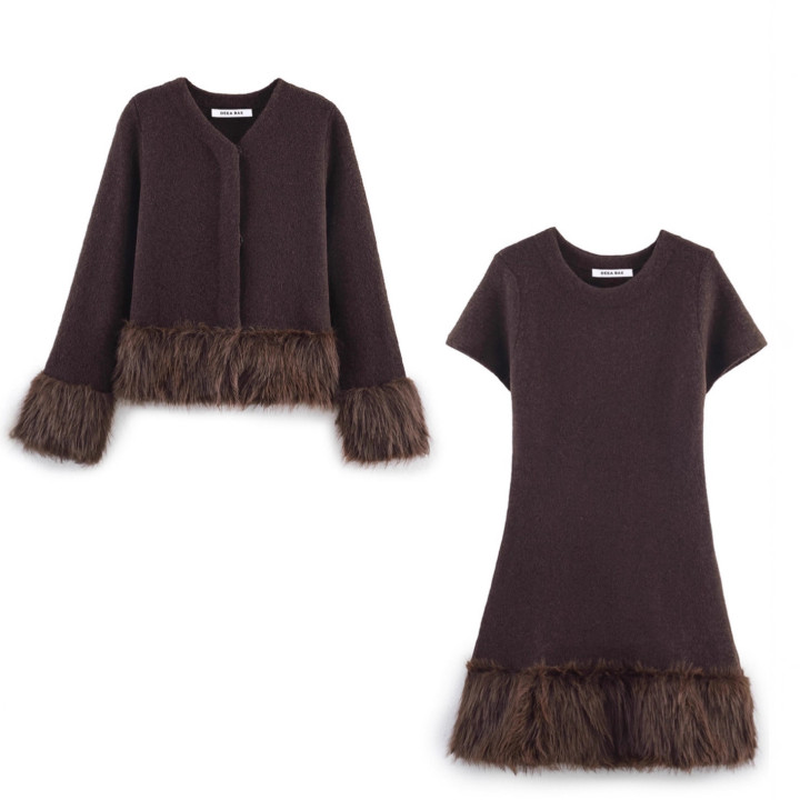 Knitted Patchwork Coat Dress Two-piece Set | Anvare