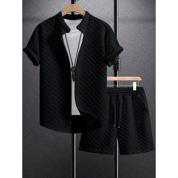 Men's Jacquard Casual Short Sleeve Shirt Outfit | Anvare