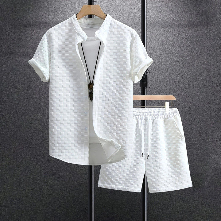 Men's Jacquard Casual Short Sleeve Shirt Outfit | Anvare