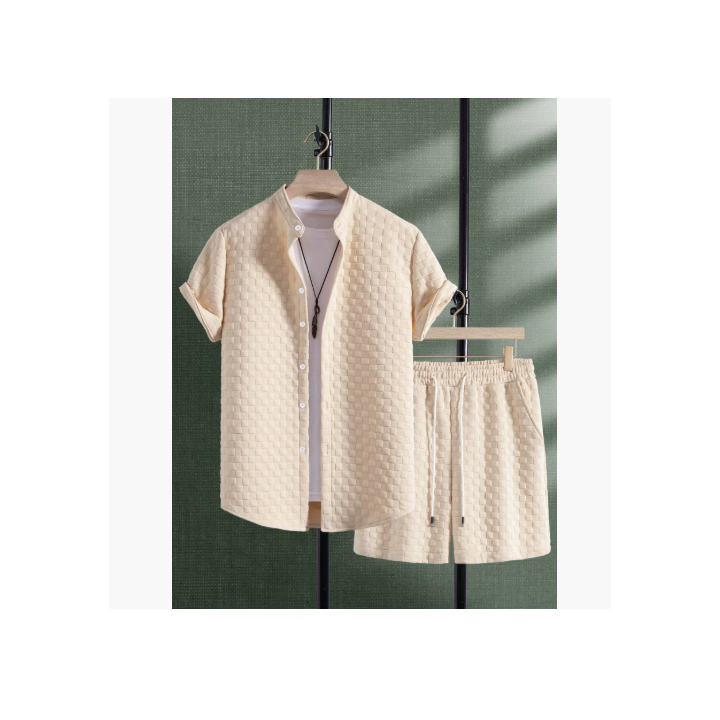 Men's Jacquard Casual Short Sleeve Shirt Outfit | Anvare