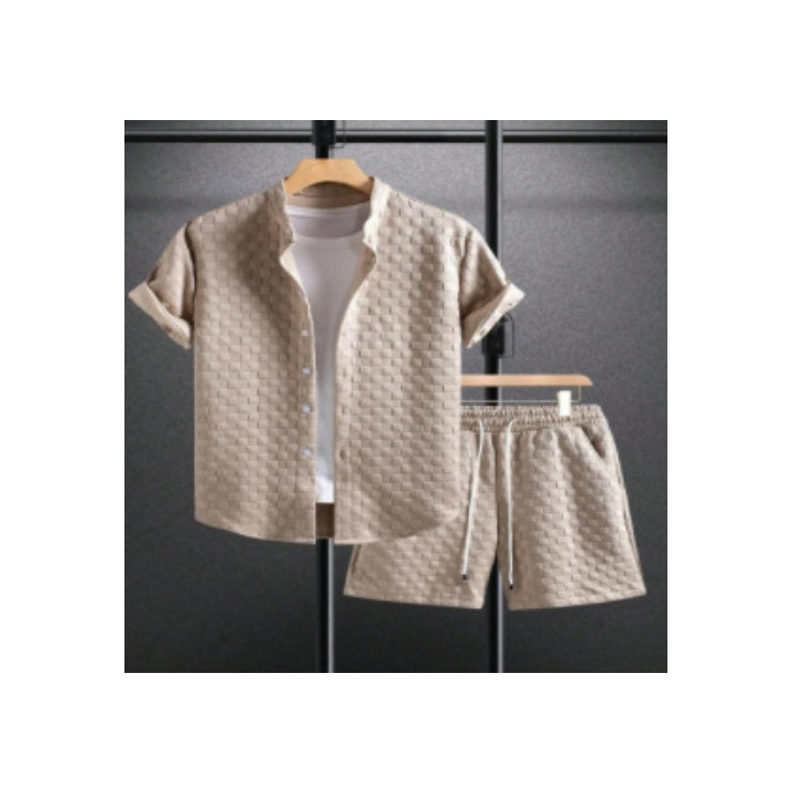 Men's Jacquard Casual Short Sleeve Shirt Outfit | Anvare