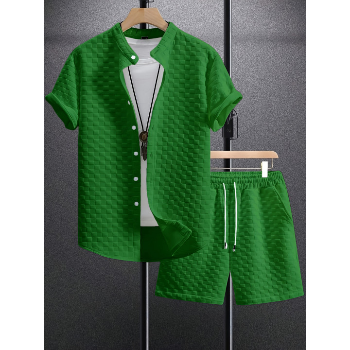 Men's Jacquard Casual Short Sleeve Shirt Outfit | Anvare