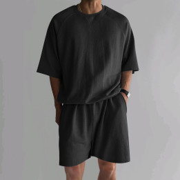 Men's Terry Casual Round Neck Sports Shorts Short Sleeve Two-piece Set | Anvare