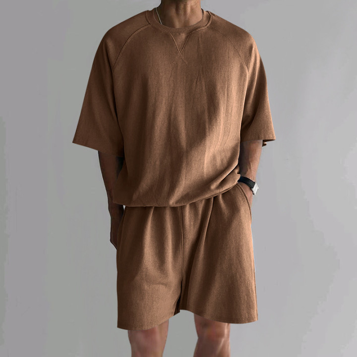 Men's Terry Casual Round Neck Sports Shorts Short Sleeve Two-piece Set | Anvare