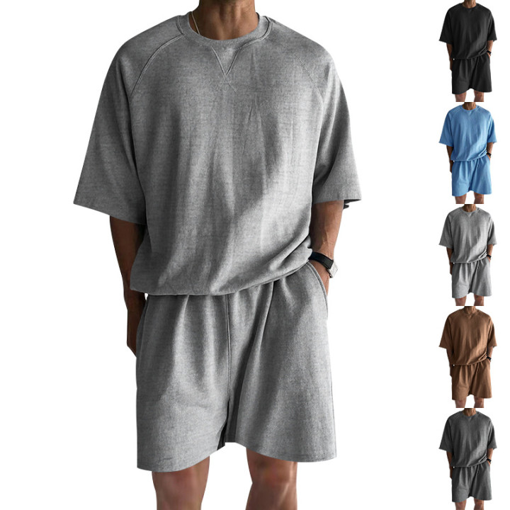 Men's Terry Casual Round Neck Sports Shorts Short Sleeve Two-piece Set | Anvare