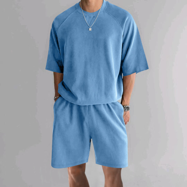 Men's Terry Casual Round Neck Sports Shorts Short Sleeve Two-piece Set | Anvare