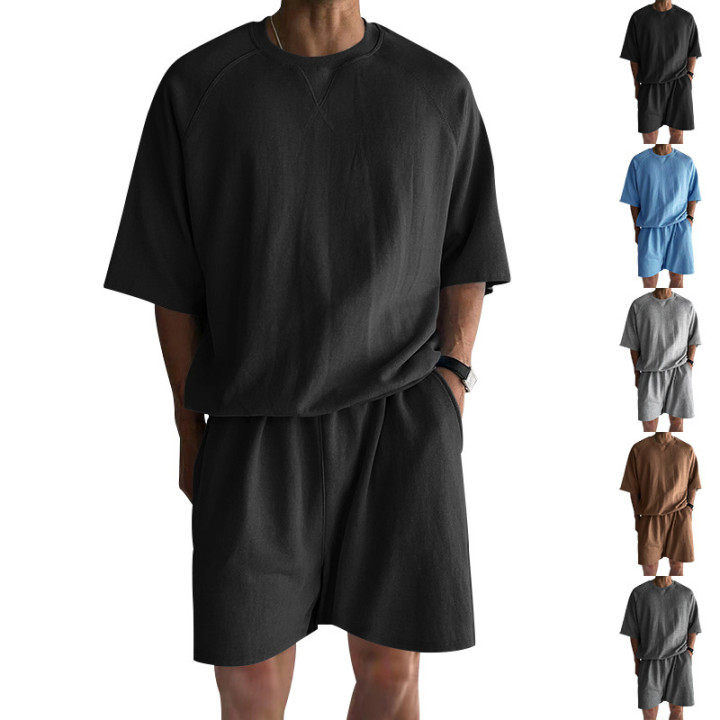 Men's Terry Casual Round Neck Sports Shorts Short Sleeve Two-piece Set | Anvare