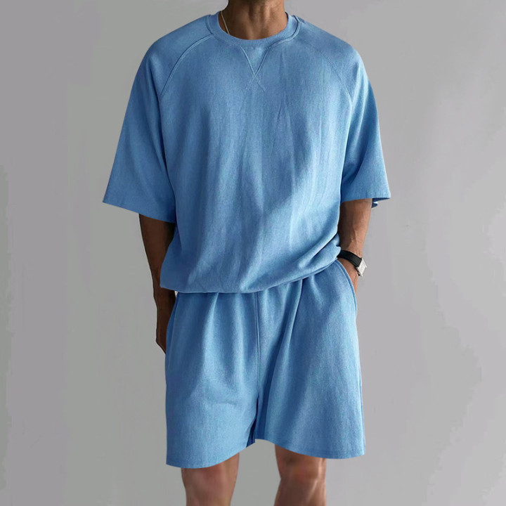 Men's Terry Casual Round Neck Sports Shorts Short Sleeve Two-piece Set | Anvare
