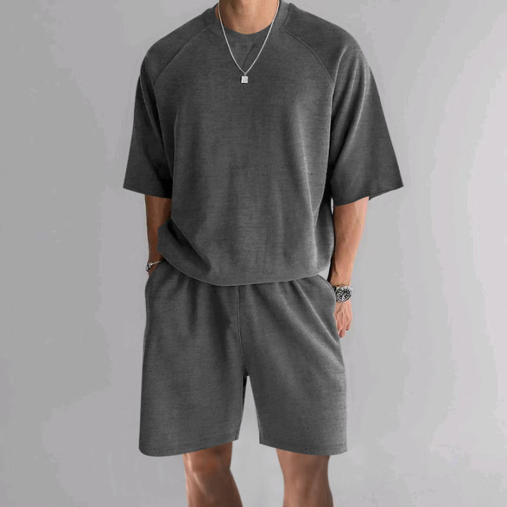Men's Terry Casual Round Neck Sports Shorts Short Sleeve Two-piece Set | Anvare