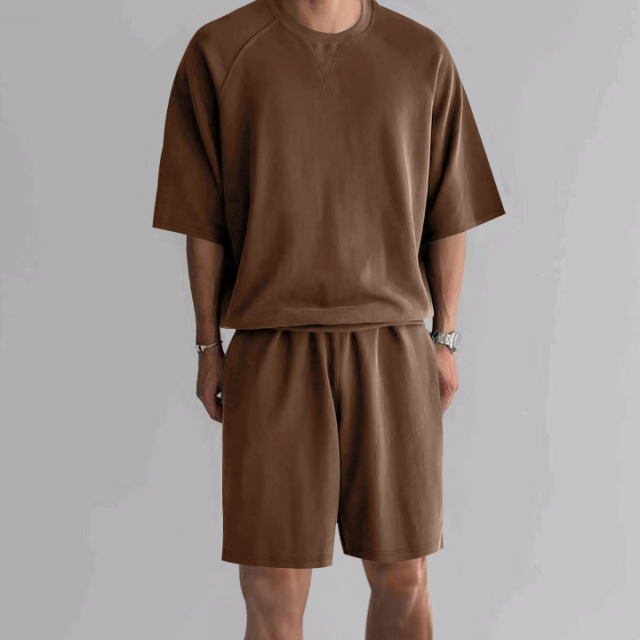 Men's Terry Casual Round Neck Sports Shorts Short Sleeve Two-piece Set | Anvare