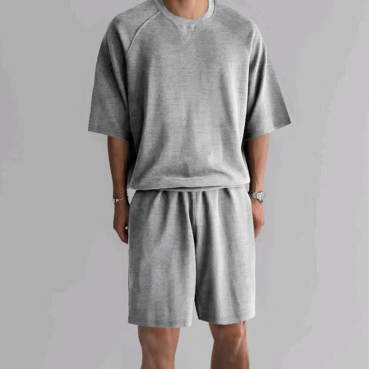 Men's Terry Casual Round Neck Sports Shorts Short Sleeve Two-piece Set | Anvare