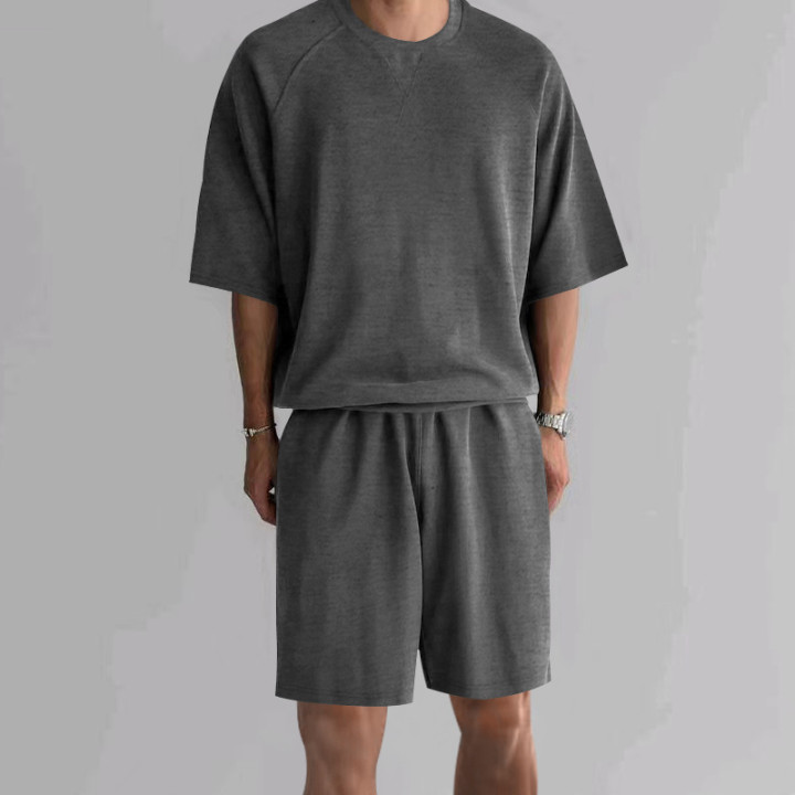 Men's Terry Casual Round Neck Sports Shorts Short Sleeve Two-piece Set | Anvare