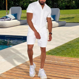 Cross-border Summer Menswear Suit Polo Collar Solid Color Short-sleeved Shorts Suit Button Four-sided Stretch Shirt | Anvare