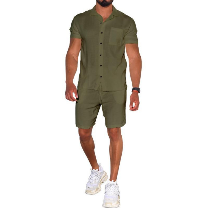 Cross-border Summer Menswear Suit Polo Collar Solid Color Short-sleeved Shorts Suit Button Four-sided Stretch Shirt | Anvare