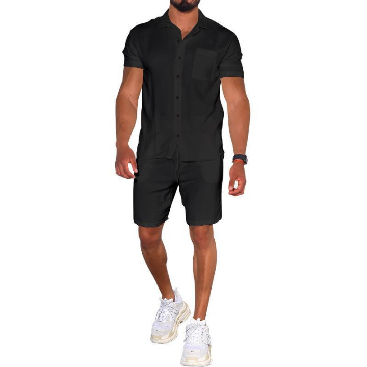 Cross-border Summer Menswear Suit Polo Collar Solid Color Short-sleeved Shorts Suit Button Four-sided Stretch Shirt | Anvare