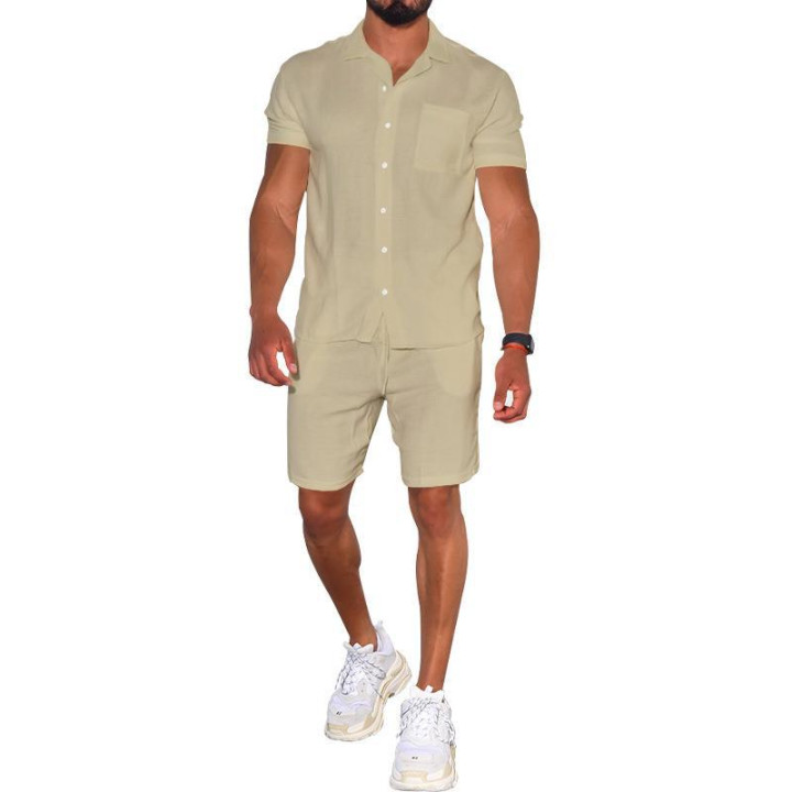 Cross-border Summer Menswear Suit Polo Collar Solid Color Short-sleeved Shorts Suit Button Four-sided Stretch Shirt | Anvare