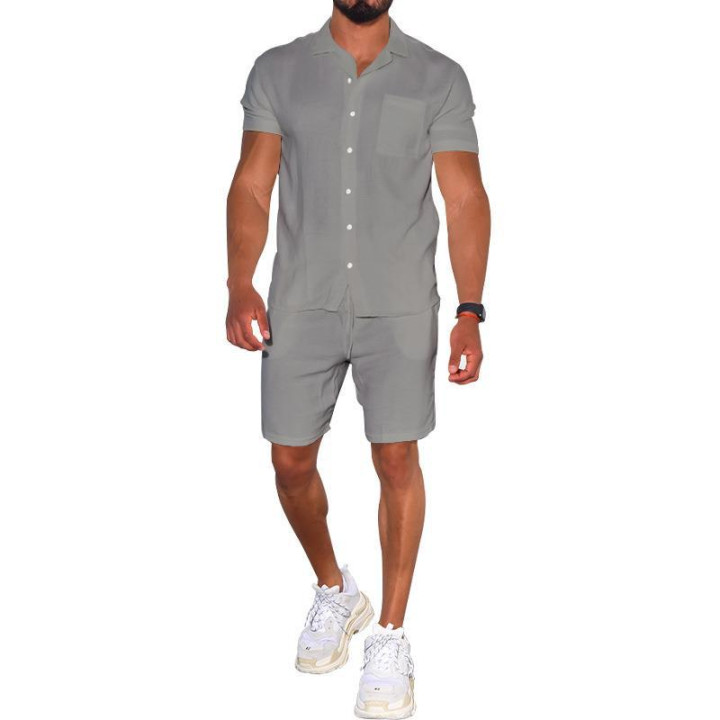 Cross-border Summer Menswear Suit Polo Collar Solid Color Short-sleeved Shorts Suit Button Four-sided Stretch Shirt | Anvare