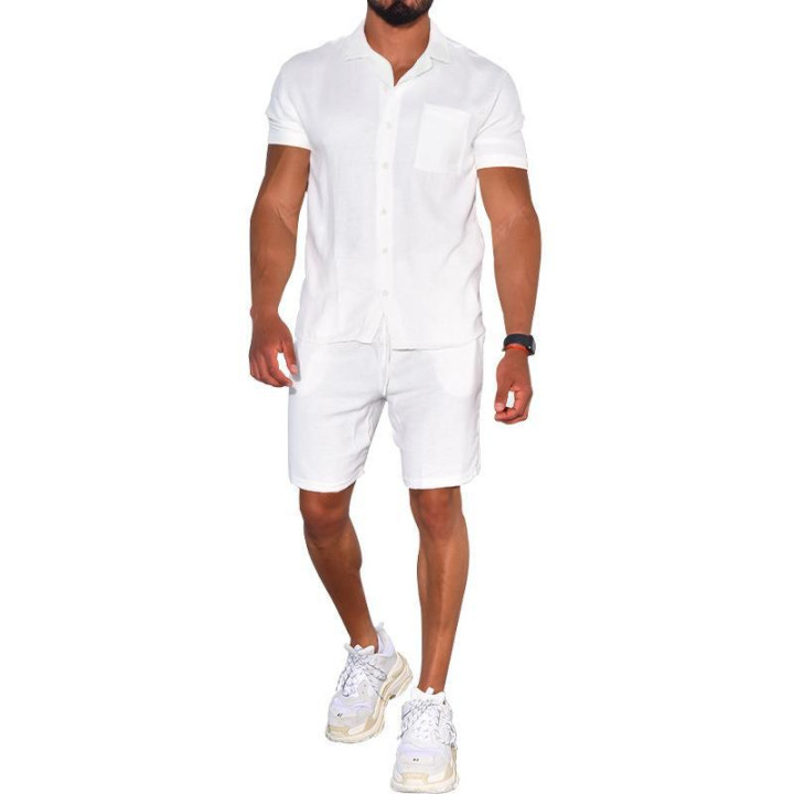 Cross-border Summer Menswear Suit Polo Collar Solid Color Short-sleeved Shorts Suit Button Four-sided Stretch Shirt | Anvare