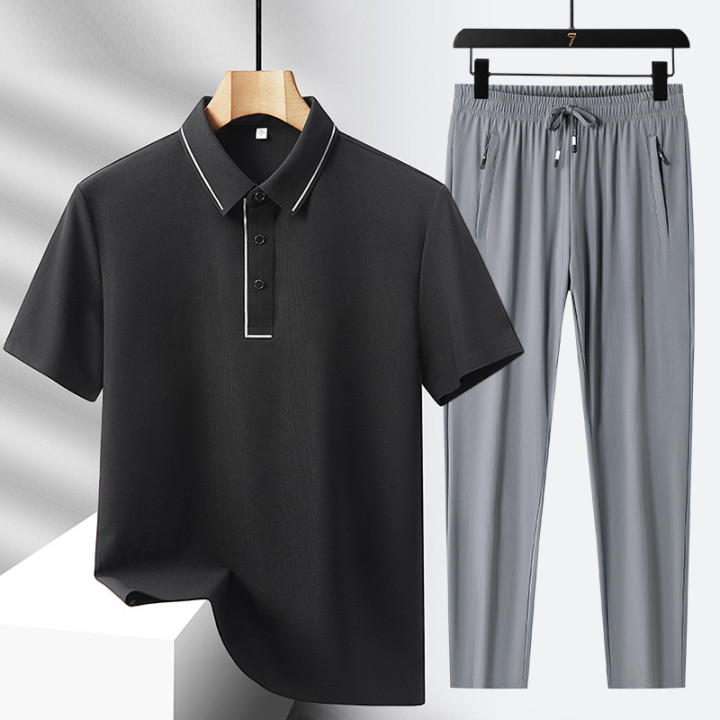 Men's Light Luxury High-end Ice Silk Seamless Polo Shirt Trousers Sports Leisure Suit | Anvare