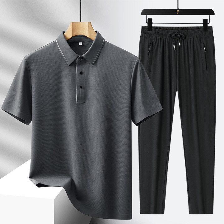 Men's Light Luxury High-end Ice Silk Seamless Polo Shirt Trousers Sports Leisure Suit | Anvare